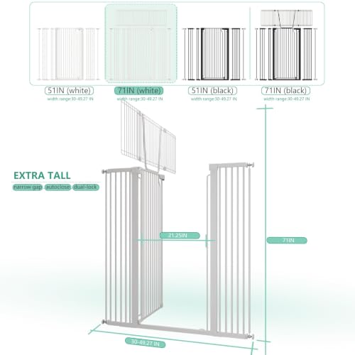71" Extra Tall Cat Gate for Doorway – 30"-49.27" Extra Wide Pet Gate with Adjustable Cat Door Wide,Auto Close, Pressure Mounted, Pet Gate for Cats & Small Dogs, Hallway, Stairs, Kitchen - view 3