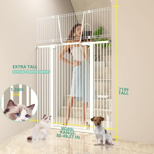 71" Extra Tall Cat Gate for Doorway – 30"-49.27" Extra Wide Pet Gate with Adjustable Cat Door Wide,Auto Close, Pressure Mounted, Pet Gate for Cats & Small Dogs, Hallway, Stairs, Kitchen - view 2
