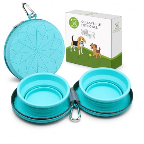 Collapsible Dog Bowls for Travel, 2-in-1 Silicone Food and Water Set with Zipper Carrying Case, Portable Foldable Pet Bowls with Non-Slip Base and Carabiner, 35 oz Each