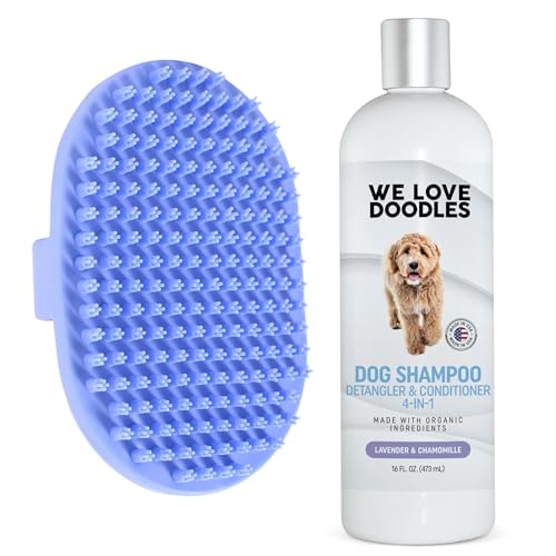 (Short Pins) Pet Rubber Bath Brush and Dog Shampoo (Bundle) - for Shower Scrubbing & Soothing Massage and Dog Shampoo, Conditioner & Detangler - Made in The USA