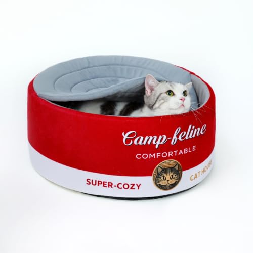 Enclosed Cat Bed for Indoor Cats & Kittens - Calming Cute Can-Shaped Covered Pet Cave with Removable Washable Cushion, Self-Standing Cozy Hideaway for Cats & Small Dogs up to 15 lbs