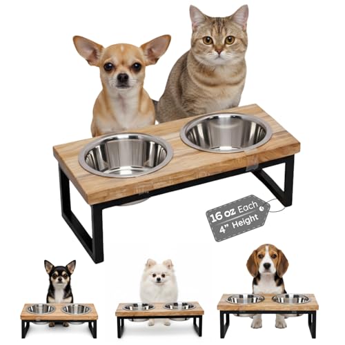 Elevated Dog Bowls, 4” Small Dogs & Cats Raised Bowl Mango Wood Stand, Food & Water 2 Stainless Steel Dishes Each 16oz/2Cup Capacity, Non-Slip Pet Feeder Station in Brown for Toy Breeds
