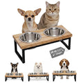 Elevated Dog Bowls, 4” Small Dogs & Cats Raised Bowl Mango Wood Stand, Food & Water 2 Stainless Steel Dishes Each 16oz/2Cup Capacity, Non-Slip Pet Feeder Station in Brown for Toy Breeds