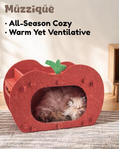 Cat Cave Bed for Indoor Cats, Red Apple Cat Hideaway House, with Perch&Toys - view 2