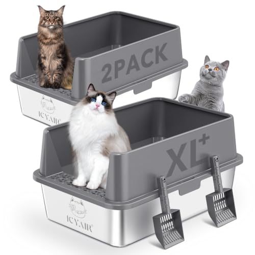 2PACK Stainless Steel Cat Litter Box with High Sides Lid, Extra Large XL Litter Box for Big Cats, Metal Kitty Litter Boxes with Anti-Leakage Enclosure,Non-Stick,Odorless,Scoop Included