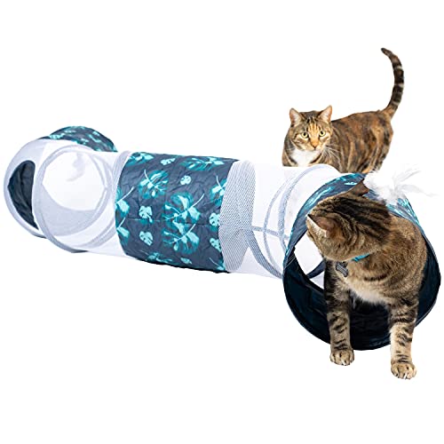 KittyCurve Cat Tunnel, 62x10x10” (lwh) | Interactive Cat Toy Feathers, Transparent Sections, Four Entries & Exits | Hide, Play, Peak & Pounce | Great for Small Dogs | 1 Year Warr