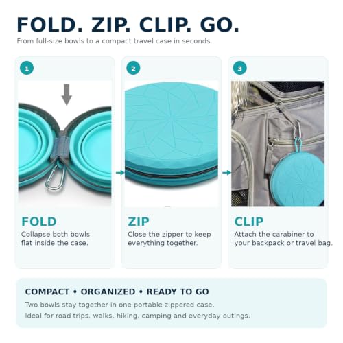 Collapsible Dog Bowls for Travel, 2-in-1 Silicone Food and Water Set with Zipper Carrying Case, Portable Foldable Pet Bowls with Non-Slip Base and Carabiner, 35 oz Each - view 5