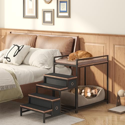 Pet Bunk Bed with Removable Stairs and 2 Drawers, Dogs/Cats Window Perch, Dog Window Seat with Soft Cushion, Ultra-Shallow Steps, Sturdy Metal Frame, Non-Slip, Load Capacity 60 LBS, Brown - view 3
