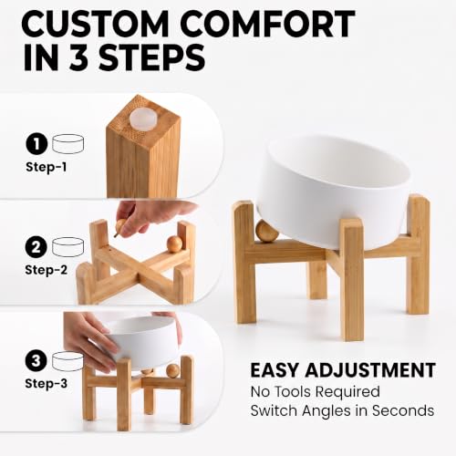 Elevated Ceramic Dog Bowl 15°Slanted Raised Dog Bowl with Bamboo Stand for Small Medium Dogs and Cats, Pet Feeder -3.6-Cup (850ml)-White - view 3