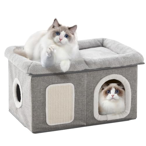 Cat House for Indoor Cats - 24.4" W Extra Wide Cat Bed Cave for Double Small Cats and Foldable with Scratch Pad, Cat Hideaway Condo for Kitten, 24.4x16.9x14.2 Inches, Light Grey