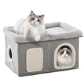 Cat House for Indoor Cats - 24.4" W Extra Wide Cat Bed Cave for Double Small Cats and Foldable with Scratch Pad, Cat Hideaway Condo for Kitten, 24.4x16.9x14.2 Inches, Light Grey