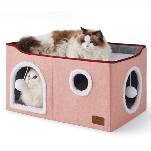 Extra Wide Cat House Bed with Fluffy Ball and Scratch Pad,Pink