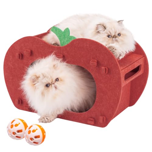 Cat Cave Bed for Indoor Cats, Red Apple Cat Hideaway House, with Perch&Toys