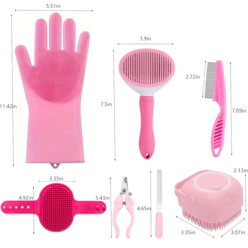 8PCS Dog Bath Supplies Set，Dog Washing Gloves，Shampoo Brush, Shedding Slicker Brush，Complete Pet Grooming Kit for Dog&Cat and Small Animal Grooming(8PCS-Bath-Pink) - view 2