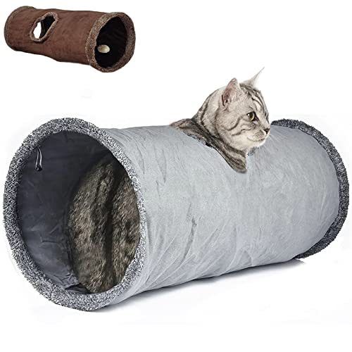 Cat Tunnel 26"(L) Dia 12" Tubes and Tunnels connectable with Large Crinkle Hide and Seek Toy for Bunny Puppy, Grey