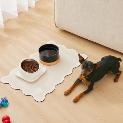 Scalloped Dog Feeding Mat, Absorbent Bowl Placemat, Beige - view 2