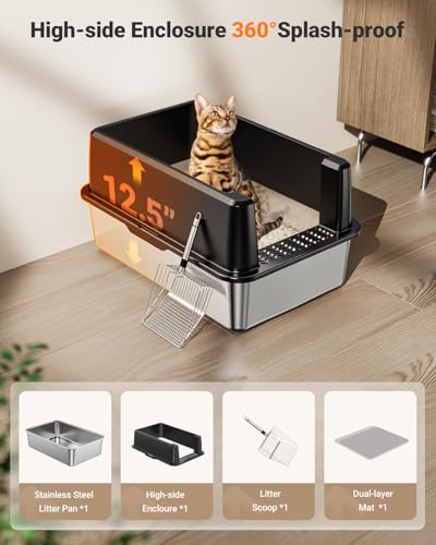 XL Stainless Steel Litter Box, Large Metal Cat Litter Box with High Sided for Big Cats, Enclosed Litter Boxes with Lid, Easy-Clean Cat Litter Mat & Scoop Kit, Anti-Urine Leakage (Black) - view 4