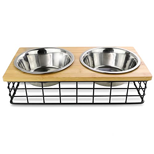 Elevated Double Pet Feeder, Removable Stainless Steel Bowls on Metal Stand, Raised Feeding Station for Pets, Dogs & Cats, Wet or Dry Food and Water - 1 Quart Bowls (32 fl. oz)