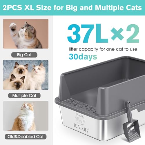 2PACK Stainless Steel Cat Litter Box with High Sides Lid, Extra Large XL Litter Box for Big Cats, Metal Kitty Litter Boxes with Anti-Leakage Enclosure,Non-Stick,Odorless,Scoop Included - view 2