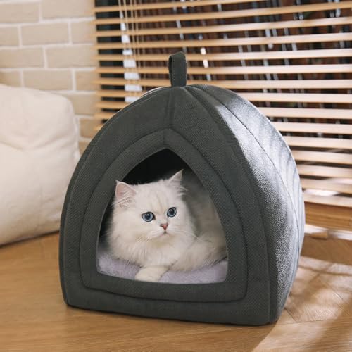 Cat Bed Cave, 2-in-1 Foldable House for Indoor Cats, with Washable Cushion and Non-Slip Base, 17.5 x 17.5 Inches, Large - view 4