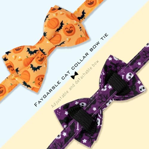 2 Pack Halloween Cat Collar with Bow Tie and Bell, Breakaway Safety Buckle, Purple Skull Bat and Orange Pumpkin Pattern - view 3