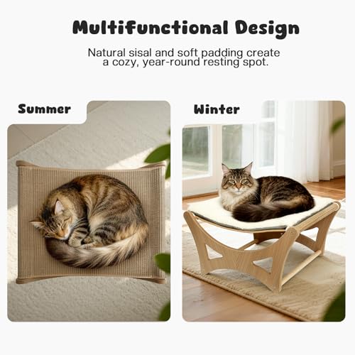 Cat Hammock Bed, Wooden Elevated Cat Beds with Natural Sisal Scratching Mat, Cats Scratcher Bed with Removable Soft Cushion, Cats Scratching Beds with Wood Frames, 22" L x 17.7" W - view 3