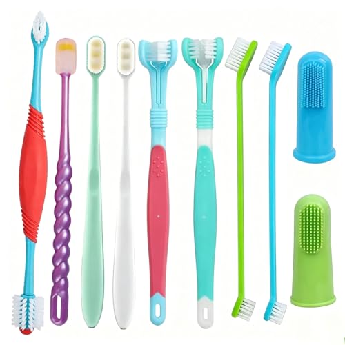 Pet Toothbrush Set for Medium Large Dogs, Extra Long Double-Ended Dog Toothbrush with 360° Brush, Soft Bristle Dental Care Kit with Finger Brushes, Pet Teeth Cleaning Supplies 10 Pack (Multicolor)
