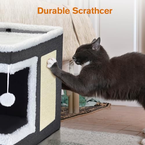 Cat Bed for Indoor Cats, Large Covered Cat House with Scratch Pad, Foldable Cat Cave Bed & Hideaway Cube with Reversible Cushions, Cute Cat Condo for Multi Small Pet Kitten (Dark Grey) - view 6