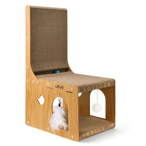 L-Shaped Double-Layer cat Scratching Board, Cardboard cat Scratching Post with Toys, Cat Scratcher & Hideaway for Indoor Cats to Scratch, Rest and Play