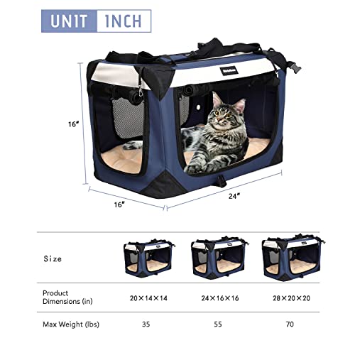 Large Cat Carrier, Collapsible Dog Travel Crate Portable Soft-Sided Pet Carrier with Super Soft Warm Plush Mat for Indoor and Outdoor 24x16x16in,Navy Blue - view 4