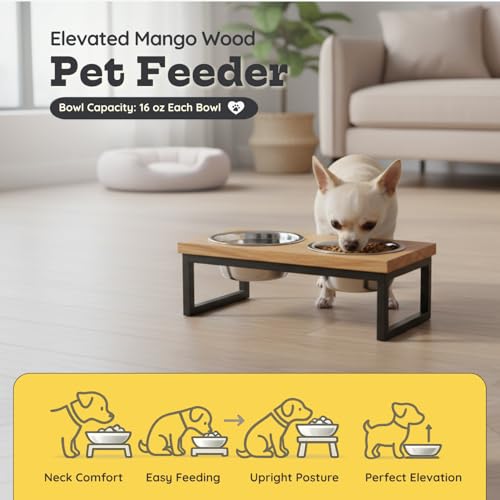 Elevated Dog Bowls, 4” Small Dogs & Cats Raised Bowl Mango Wood Stand, Food & Water 2 Stainless Steel Dishes Each 16oz/2Cup Capacity, Non-Slip Pet Feeder Station in Brown for Toy Breeds - view 2