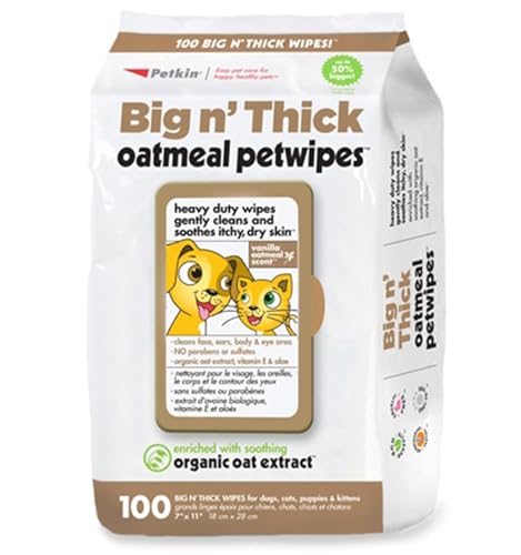 Pet Wipes for Dogs and Cats, Oatmeal, 100 Wipes (Large) for Dogs and Cats - Soothes Itchy Dry Skin and Cleans Ears, Face, Butt, Body and Eye Area - Idea for Home and Travel