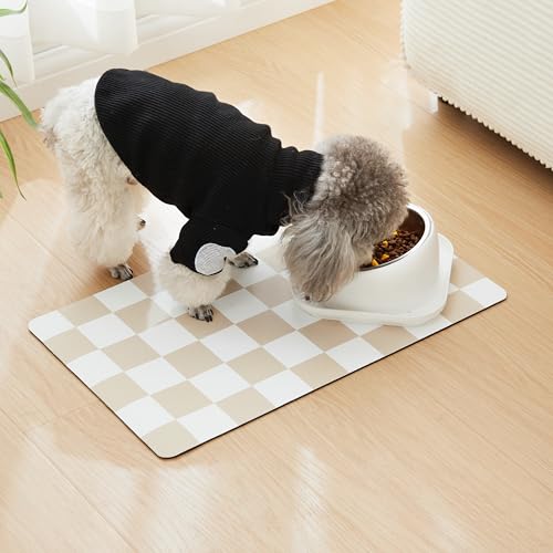 Checkered Dog Feeding Mat, Absorbent Mats for Dog Food and Water Bowl, Dispenser, Retro Aesthetic Khaki Beige Checkerboard Pet Placemat for Dogs, Cats, Puppy Accessories, 12" X 19” - view 3