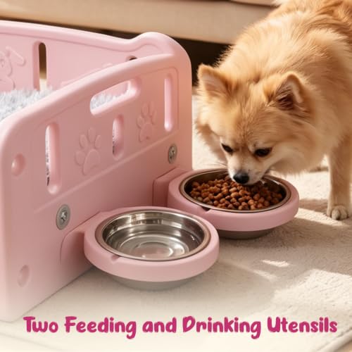 Small Dog Bed with Cushion & Bowls, Plastic Pet Bed for Puppies, Pink - view 3