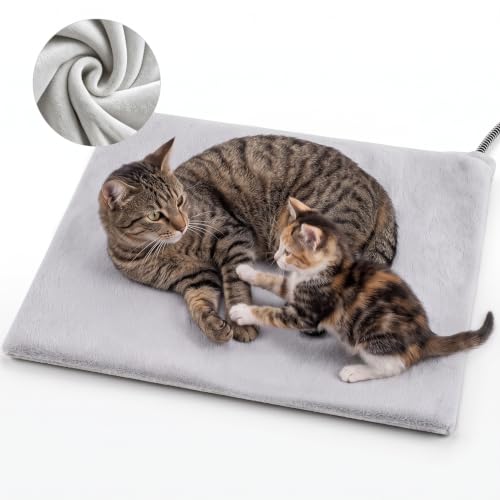 Outdoor & Indoor Pet Heating Pad for Cats & Small Dogs, Auto Maintains 100.4-107.6°F, Faux Rabbit Fur, Waterproof Base, 1.8m Bite-Resistant Steel Cord, Washable Cover, Cat House & Dog Bed, 20x16 Inch