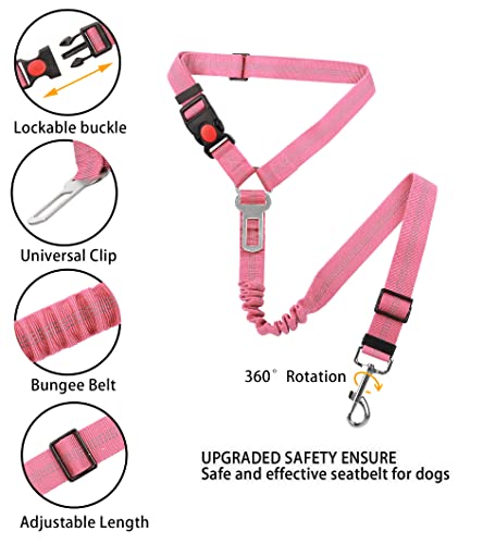 YAOHDAO Dog Seat Belt Harness for Car, Restraint Adjustable with Elastic Bungee Buffer Headrest for Vehicle, 360 Degree Swivel Nylon Pet Safety Seat Belts Heavy Duty Car Harness for Dogs (Pink) - view 6