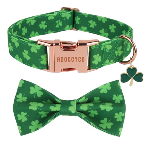 St Patricks Day Dog Collar with Bow, Detachable Shamrock Bowtie, Metal Buckle, Adjustable Green Shamrock Collars for Medium Dogs Boy Girl (Medium)