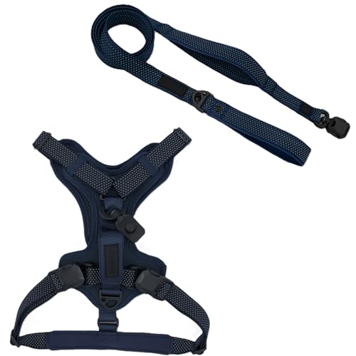 Quick Clip Dog Harness & Flat Leash Set, Blue Small – Magnetic Buckle, Reflective, Control