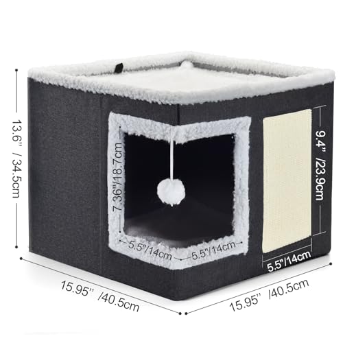 Cat Bed for Indoor Cats, Large Covered Cat House with Scratch Pad, Foldable Cat Cave Bed & Hideaway Cube with Reversible Cushions, Cute Cat Condo for Multi Small Pet Kitten (Dark Grey) - view 3