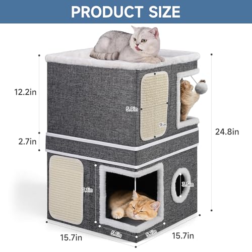 2 Story Cat House beds for Indoor Cats with Scratch Pads Grey - view 3