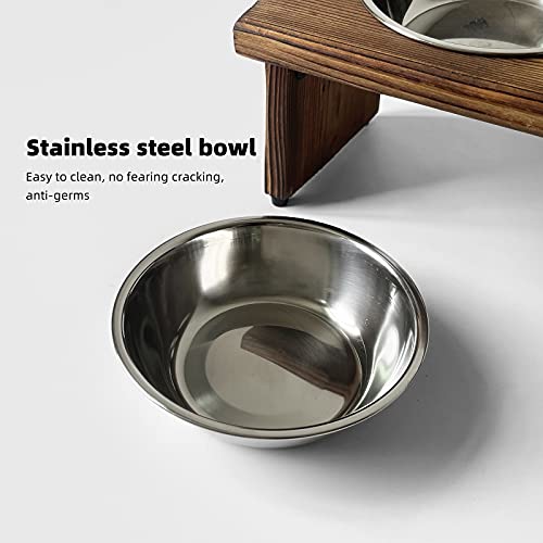 Elevated Cat Bowls, Wooden Raised Cat Bowl Stand with 2 Stainless Steel Bowls, 14.56 x 7 Inch Pet Feeding Station, Double Food and Water Bowls for Cats and Small Dogs - view 4