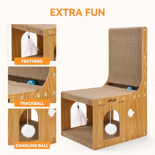 L-Shaped Double-Layer cat Scratching Board, Cardboard cat Scratching Post with Toys, Cat Scratcher & Hideaway for Indoor Cats to Scratch, Rest and Play - view 6