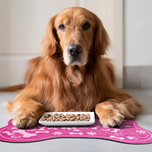 Dog & Cat Food Mat Bone Shaped Pet Feeding Mat Quick Absorb Water Bowl Placemat with Rubber Backing Indoor Floor Stain Resistant Pet Accessory Supplies (Pink Small, 12x18 Inches) - view 7