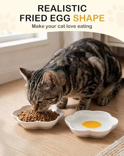 3 Pack Ceramic Cat Food Bowls, 5.9 Inch Ceramic Cat Dishes Set for Indoor Cats and Small Dogs, Anti Whisker Fatigue Kitten Bowls, Wide Shallow Kitten Plates for Food and Water (Fried Egg) - view 2