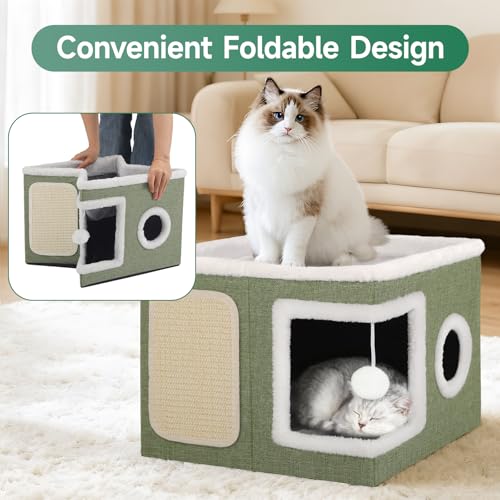 Cat House Bed for Indoor Cats with Fluffy Ball and Scratch Pad Green - view 5