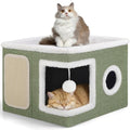 Cat House Bed for Indoor Cats with Fluffy Ball and Scratch Pad Green