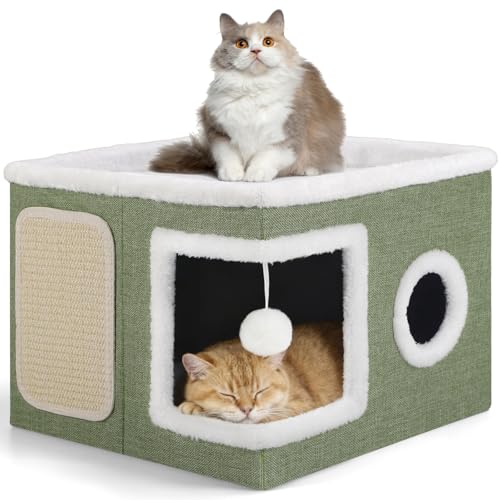 Cat House Bed for Indoor Cats with Fluffy Ball and Scratch Pad Green