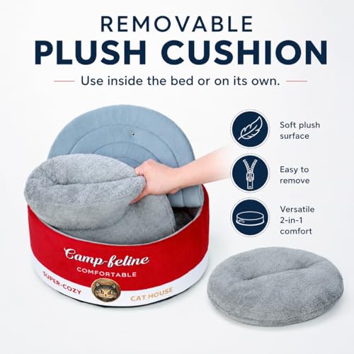 Enclosed Cat Bed for Indoor Cats & Kittens - Calming Cute Can-Shaped Covered Pet Cave with Removable Washable Cushion, Self-Standing Cozy Hideaway for Cats & Small Dogs up to 15 lbs - view 3