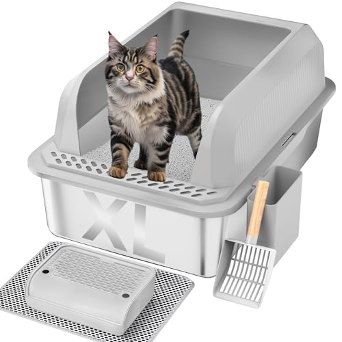 Stainless Steel Cat Litter Box with Lid, XL Large Litter Box for Big Cats, Enclosed Kitty Litter Pan with High Sides, Anti-Leakage & Non-Stick, Easy to Clean, Included Scoop, Aisle and Mat