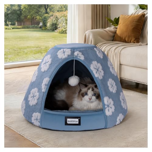 Cat Beds for Indoor Cats, 2-in-1 Cat Bed Cave with Anti-Slip Bottom and Ultra-Soft Plush, Cozy Cats House Tent for Kittens and Small Dogs, 21 Inches, Blue